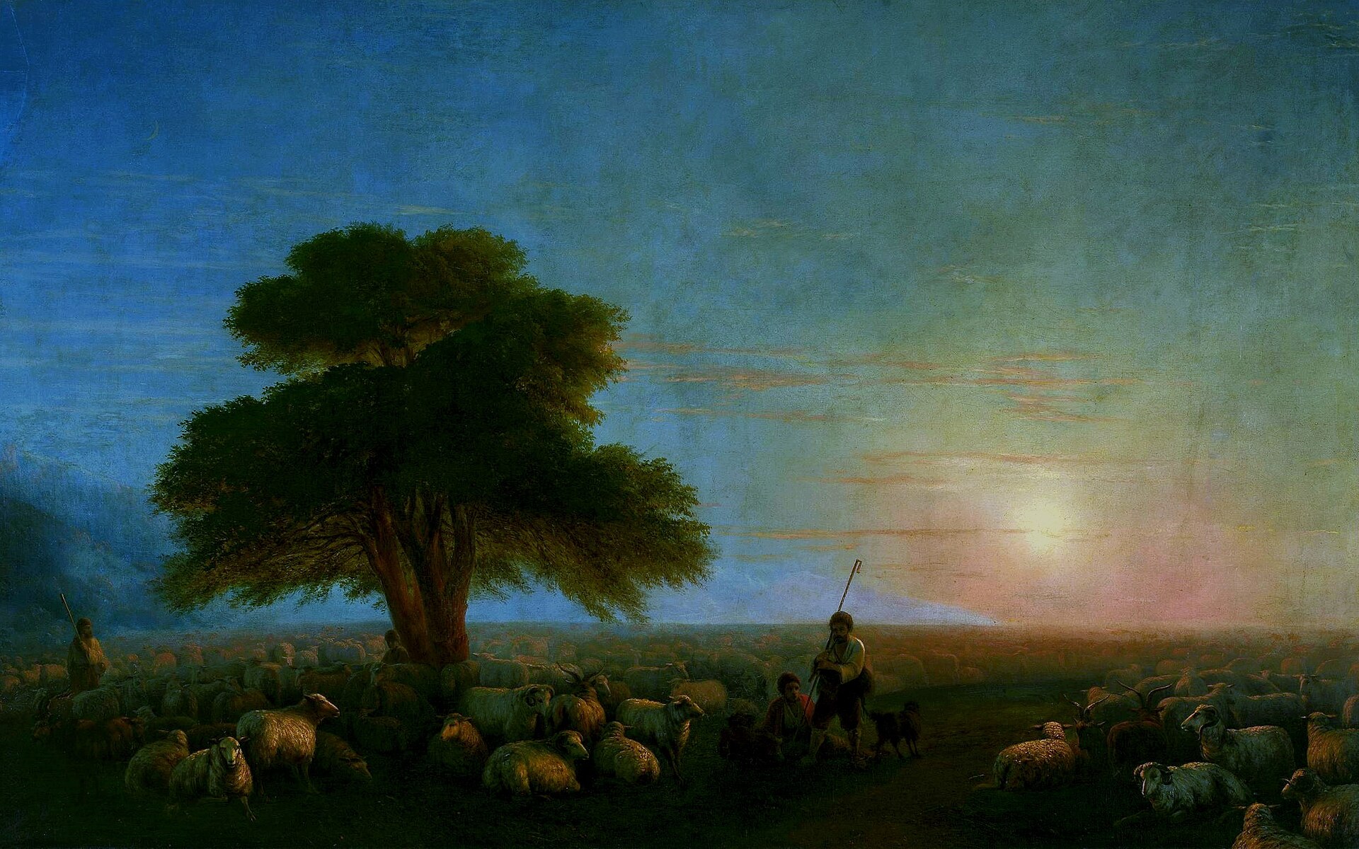 Shepherds with a flock of sheep label QS:Lfr,"Les bergers avec un troupeau de moutons."lab